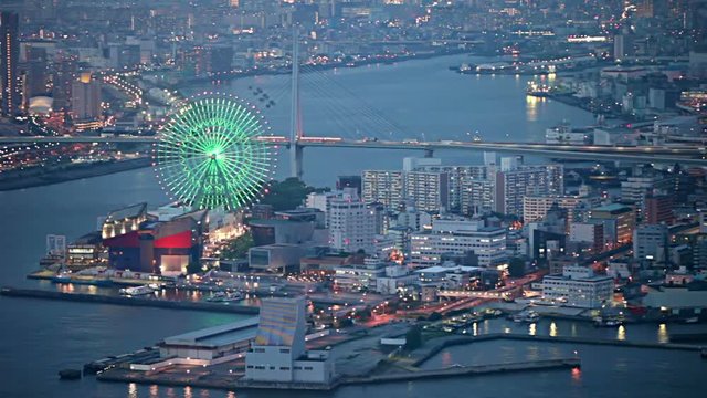Aerial view of industrial Osaka bay in twilight, Osaka, Japan