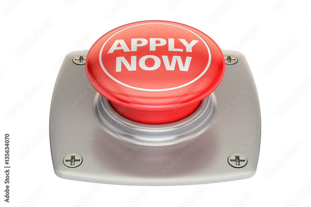Poster apply now red button, 3d rendering