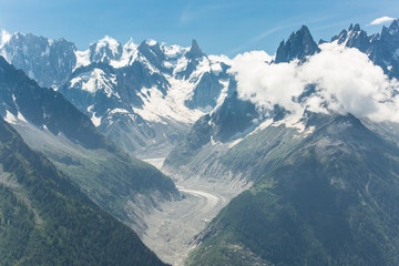 Valley and glacier of Mer de Glace in the French Alps above Chamonix.