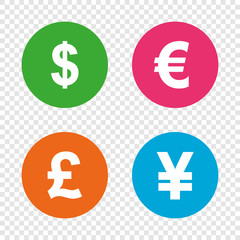 Dollar, Euro, Pound and Yen currency icons.