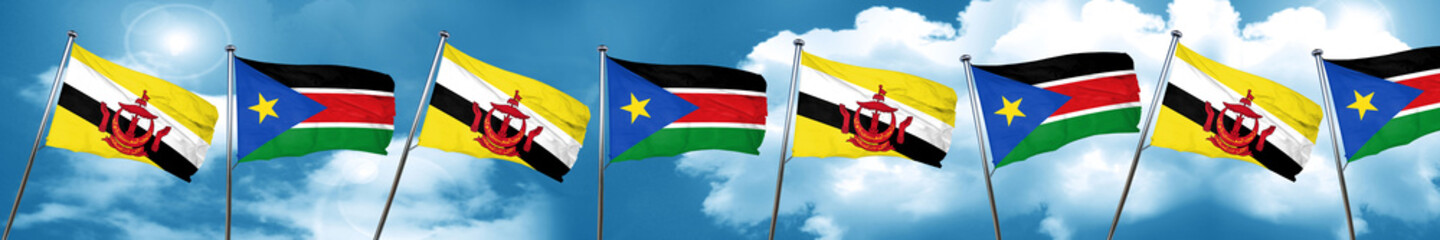 Brunei flag with South Sudan flag, 3D rendering
