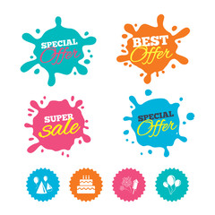 Birthday party. Cake, balloon, hat and fireworks.