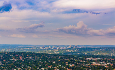 Purple Clouds above Sandton Skyline Gauteng South Africa Elevated view
