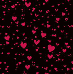 Scarlet hearts on black seamless pattern.