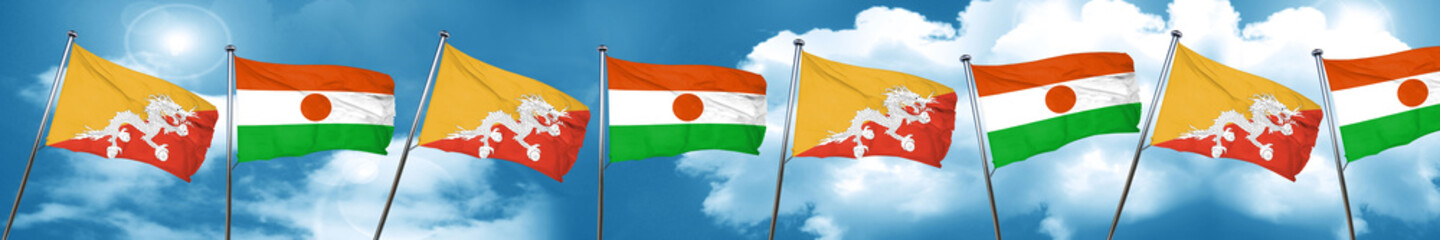 Bhutan flag with Niger flag, 3D rendering