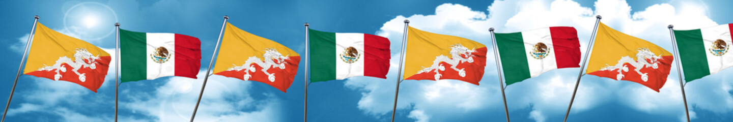 Bhutan flag with Mexico flag, 3D rendering