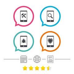 Smartphone icons. Shield protection, repair, bug.