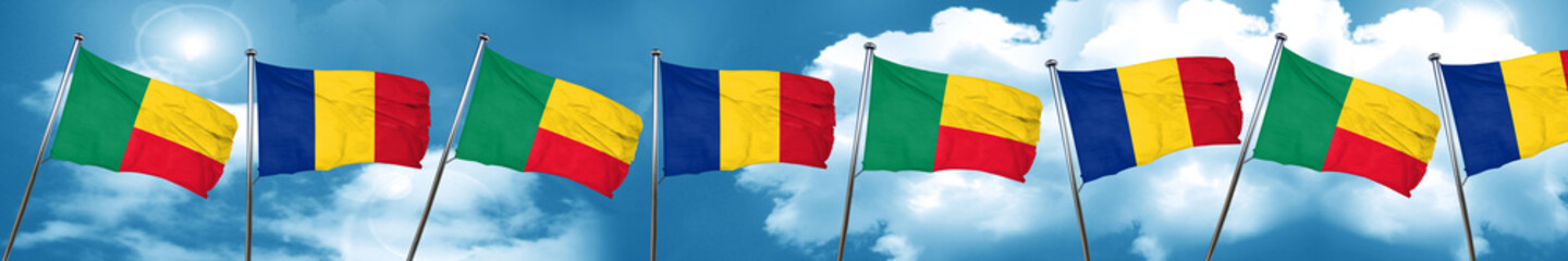 Benin flag with Romania flag, 3D rendering