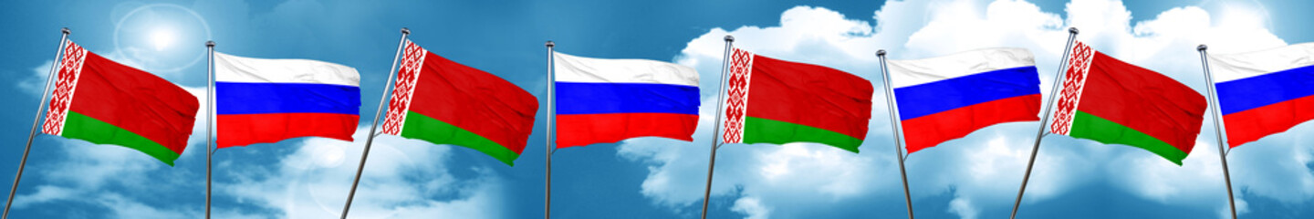 Belarus flag with Russia flag, 3D rendering