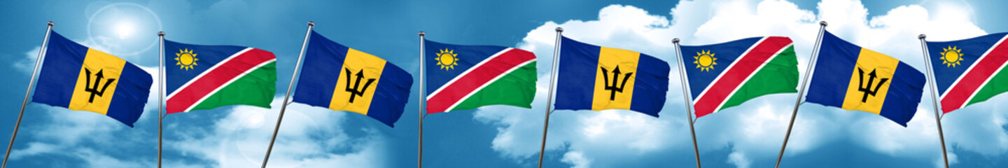 Barbados flag with Namibia flag, 3D rendering