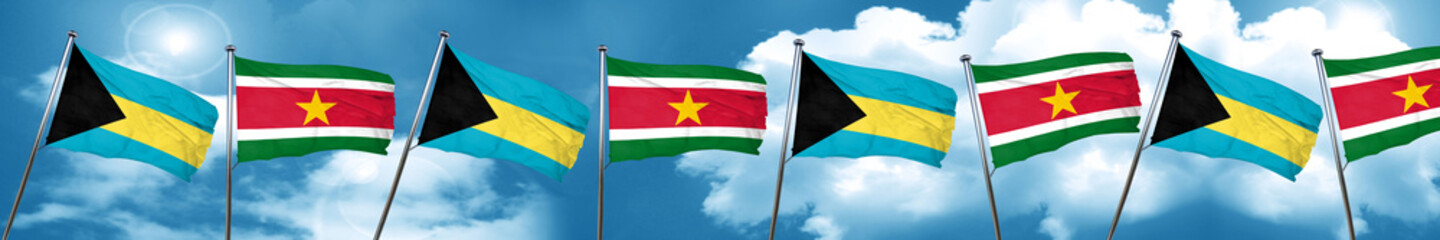 Bahamas flag with Suriname flag, 3D rendering