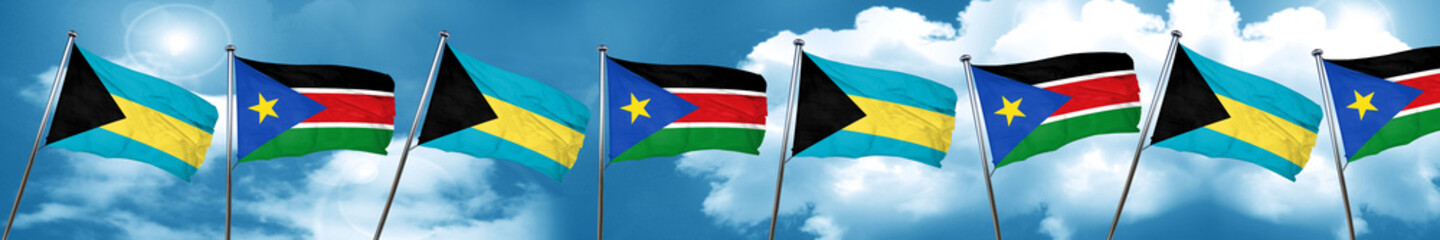 Bahamas flag with South Sudan flag, 3D rendering