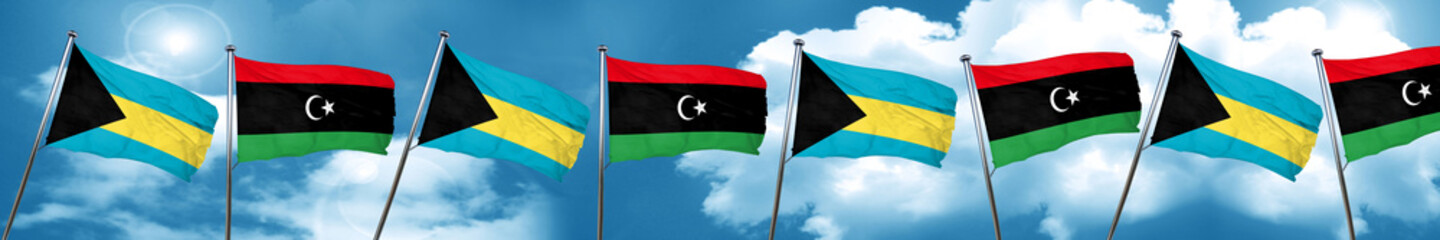 Bahamas flag with Libya flag, 3D rendering