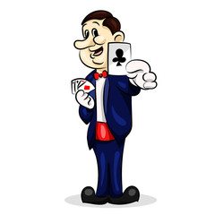 magic master makes tricks with cards in costume