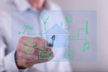 Man touching a digital smart home automation concept on a touch