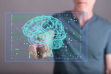 Man touching an artificial intelligence concept on a touch scree