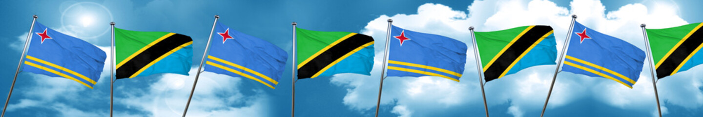 aruba flag with Tanzania flag, 3D rendering