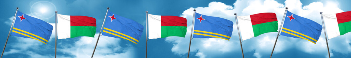 aruba flag with Madagascar flag, 3D rendering