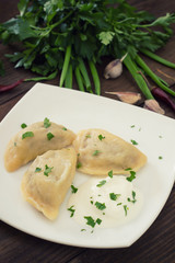 Dumplings with the liver. Wooden background. Top view