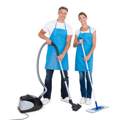 Two Janitors Standing On White Background