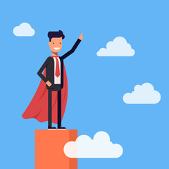 Super businessman or manager standing on the top of the graph. Superman high in the sky among the clouds. Vector, illustration EPS10.