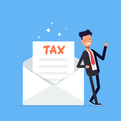 Businessman or manager stands near a refund letter to the tax form. Office worker character isolated on white background. Vector, illustration EPS10.