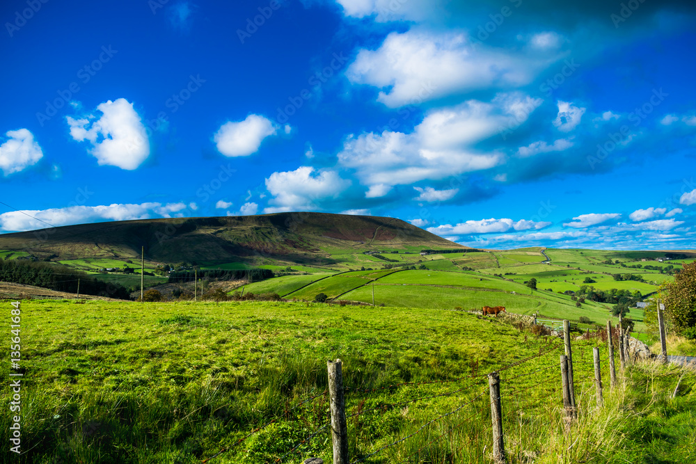 Wall mural Scenic view on Pendle Hill, Summer, blue sky and white clouds, Forest Of Bowland, Lancashire, England, UK