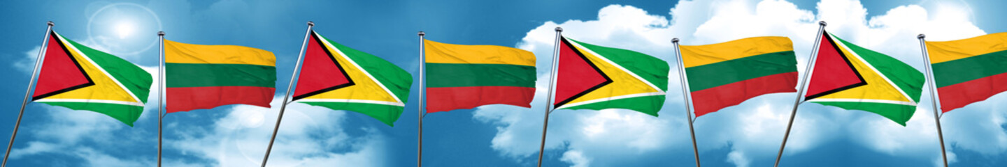 Guyana flag with Lithuania flag, 3D rendering