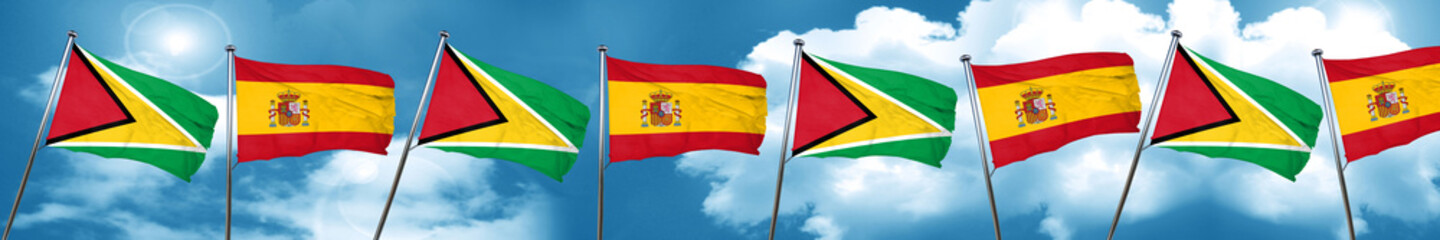 Guyana flag with Spain flag, 3D rendering