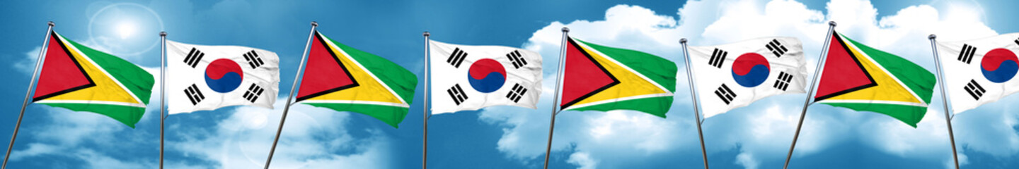 Guyana flag with South Korea flag, 3D rendering
