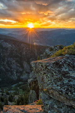 Sunrise over a rocky canyon in the Bitterroots of Montana