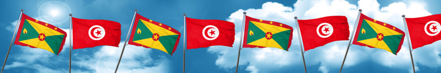 Grenada flag with Tunisia flag, 3D rendering