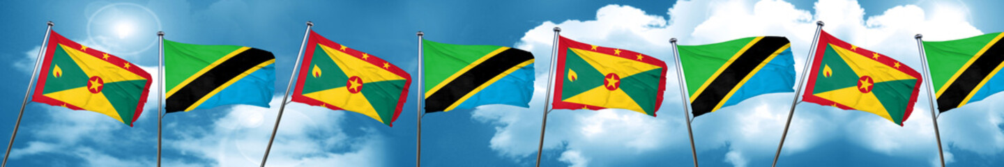 Grenada flag with Tanzania flag, 3D rendering