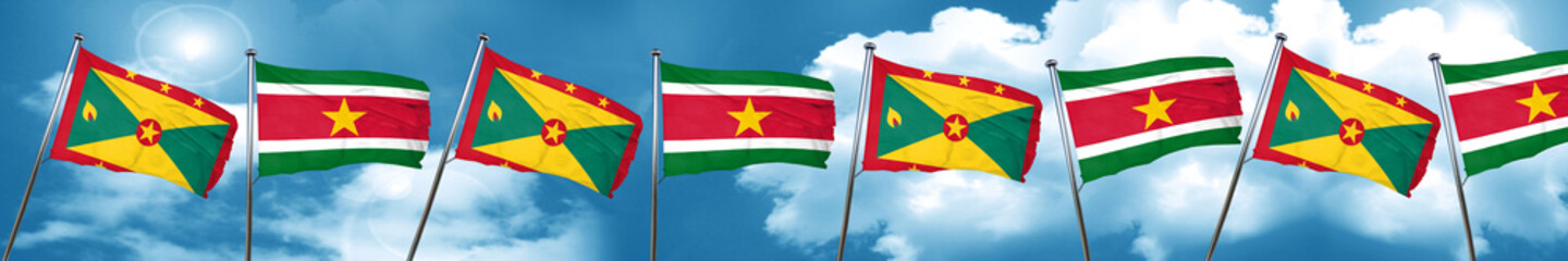 Grenada flag with Suriname flag, 3D rendering