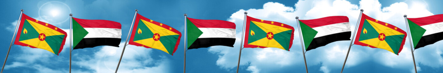 Grenada flag with Sudan flag, 3D rendering