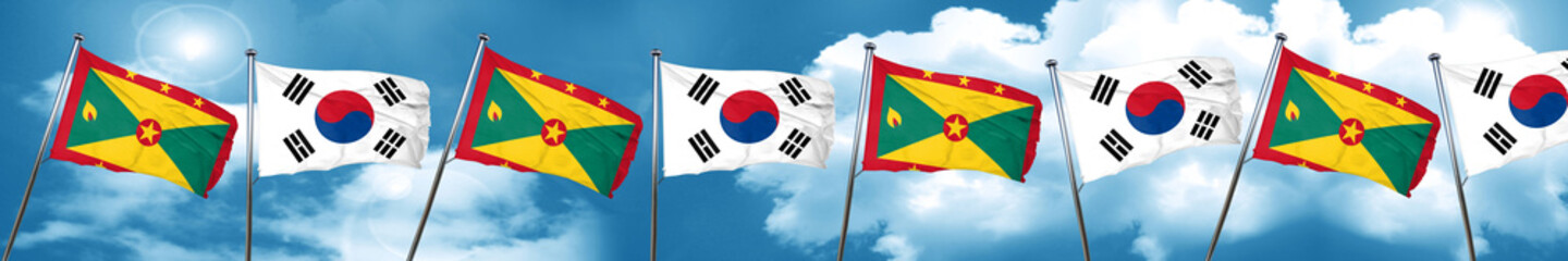 Grenada flag with South Korea flag, 3D rendering