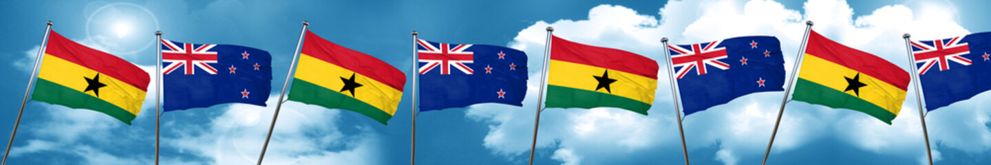 Ghana flag with New Zealand flag, 3D rendering