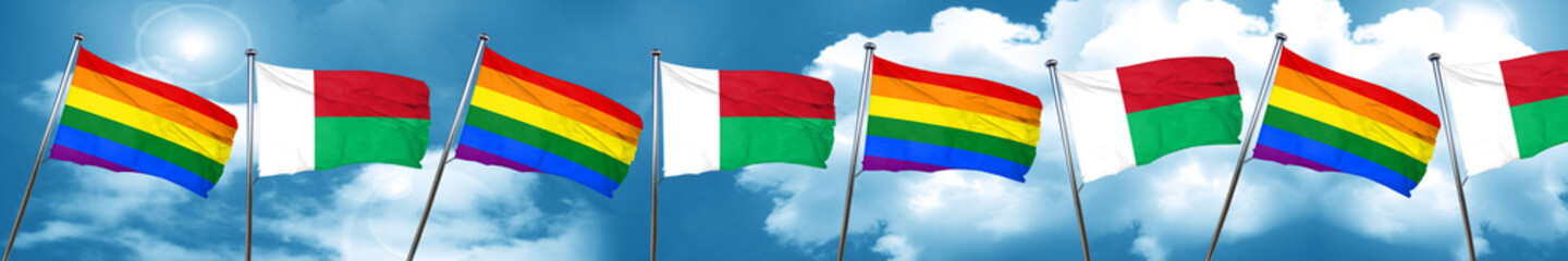 Gay pride flag with Madagascar flag, 3D rendering