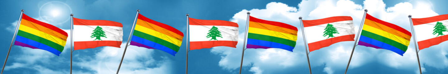 Gay pride flag with Lebanon flag, 3D rendering