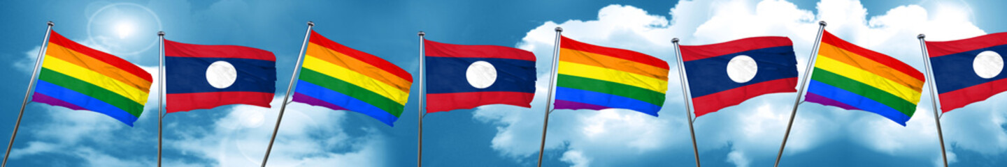 Gay pride flag with Laos flag, 3D rendering