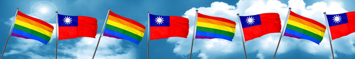 Gay pride flag with Taiwan flag, 3D rendering