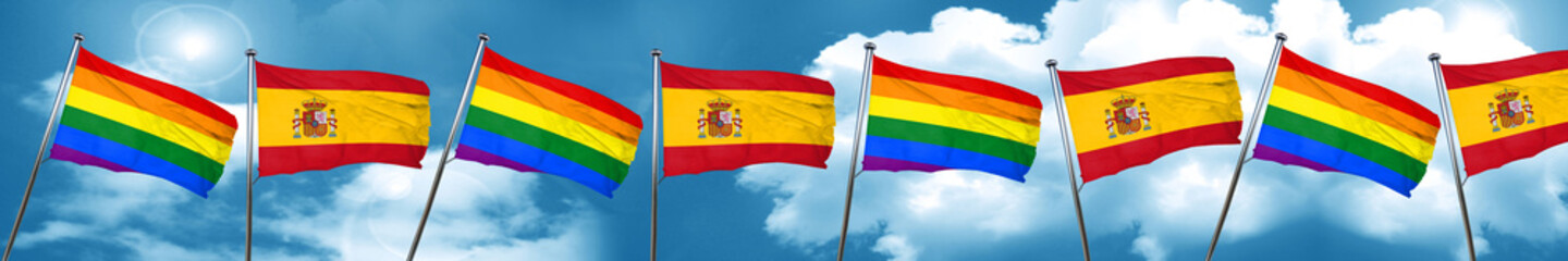 Gay pride flag with Spain flag, 3D rendering