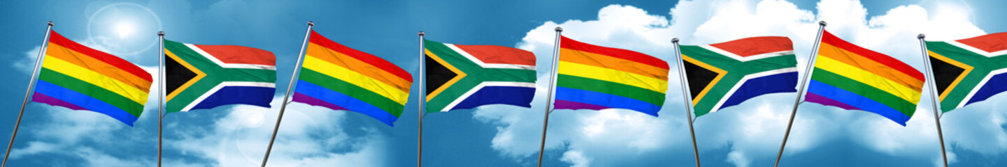 Gay pride flag with South Africa flag, 3D rendering