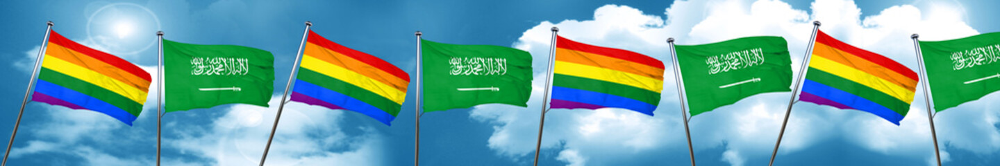 Gay pride flag with Saudi Arabia flag, 3D rendering