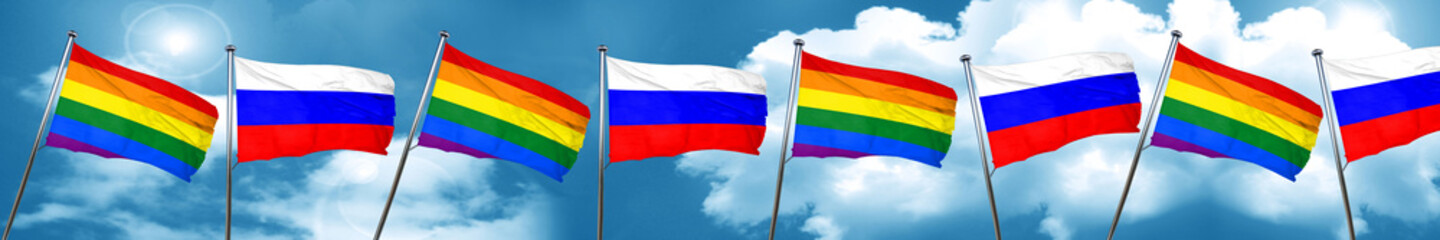 Gay pride flag with Russia flag, 3D rendering