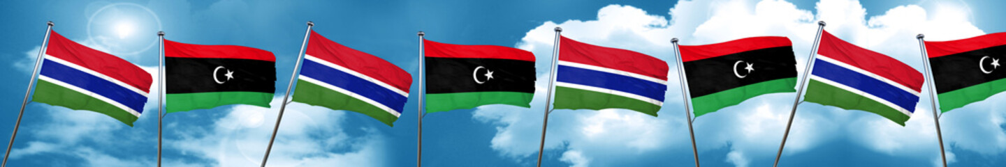 Gambia flag with Libya flag, 3D rendering