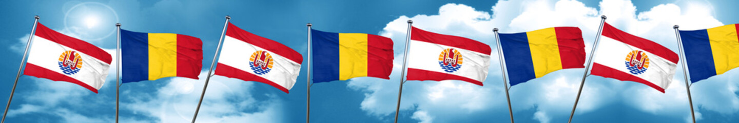 french polynesia flag with Romania flag, 3D rendering
