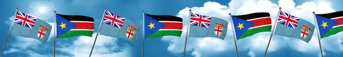 Fiji flag with South Sudan flag, 3D rendering
