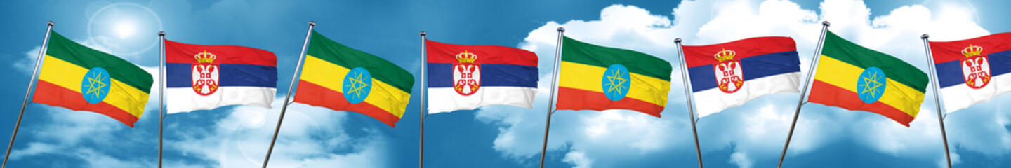 Ethiopia flag with Serbia flag, 3D rendering