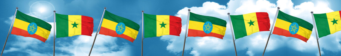 Ethiopia flag with Senegal flag, 3D rendering